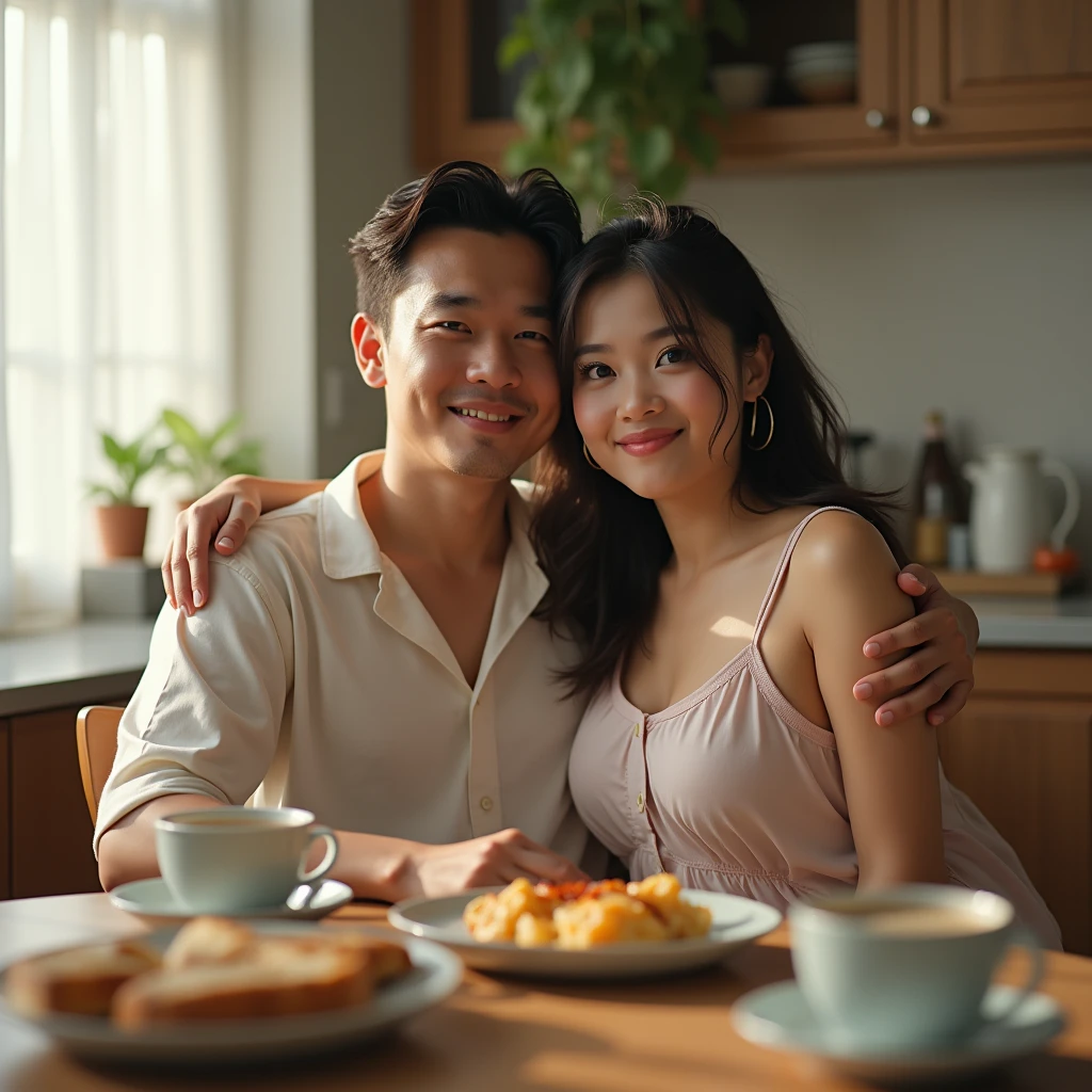 Indonesian couple. The man is a normal body wearing simple pajamas. With The woman is a little chubby and huge breasted, messy hair,  wearing sleeveless knee-nght nightgown. Nice kitchen with morning light as a background detail. Sit on dining table with some breakfast and coffee. hugging each other. Look at the viewer, natural light, realistic photography, wide angle shot.