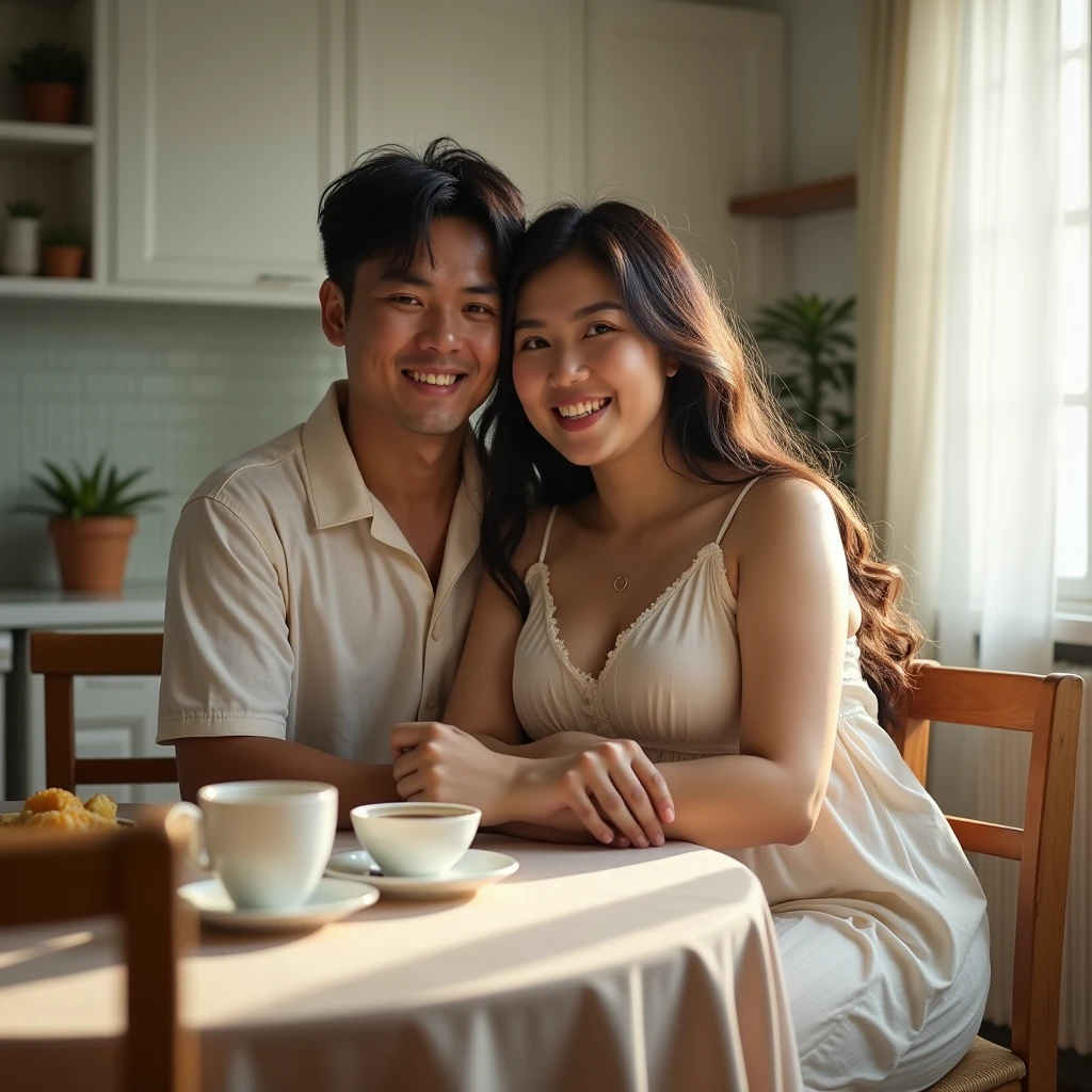 Indonesian couple. The man is a normal body wearing simple pajamas. With The woman is a little chubby and huge breasted, messy hair,  wearing sleeveless knee-nght nightgown. Nice kitchen with morning light as a background detail. Sit on dining table with some breakfast and coffee. hugging each other. Look at the viewer, natural light, realistic photography, wide angle shot.