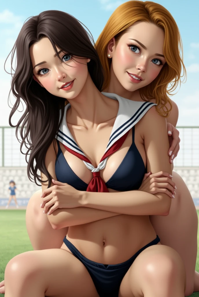 masterpiece, absurdres, (2girls:1.5) (1russian girl, blonde:1.3), (1japanese girl, black hair:1.3), embarrassed smile, looking at viewer, collar, sailor collar, naked body, sling_bikini, cowboy shot, in the baseball stadium, bokeh