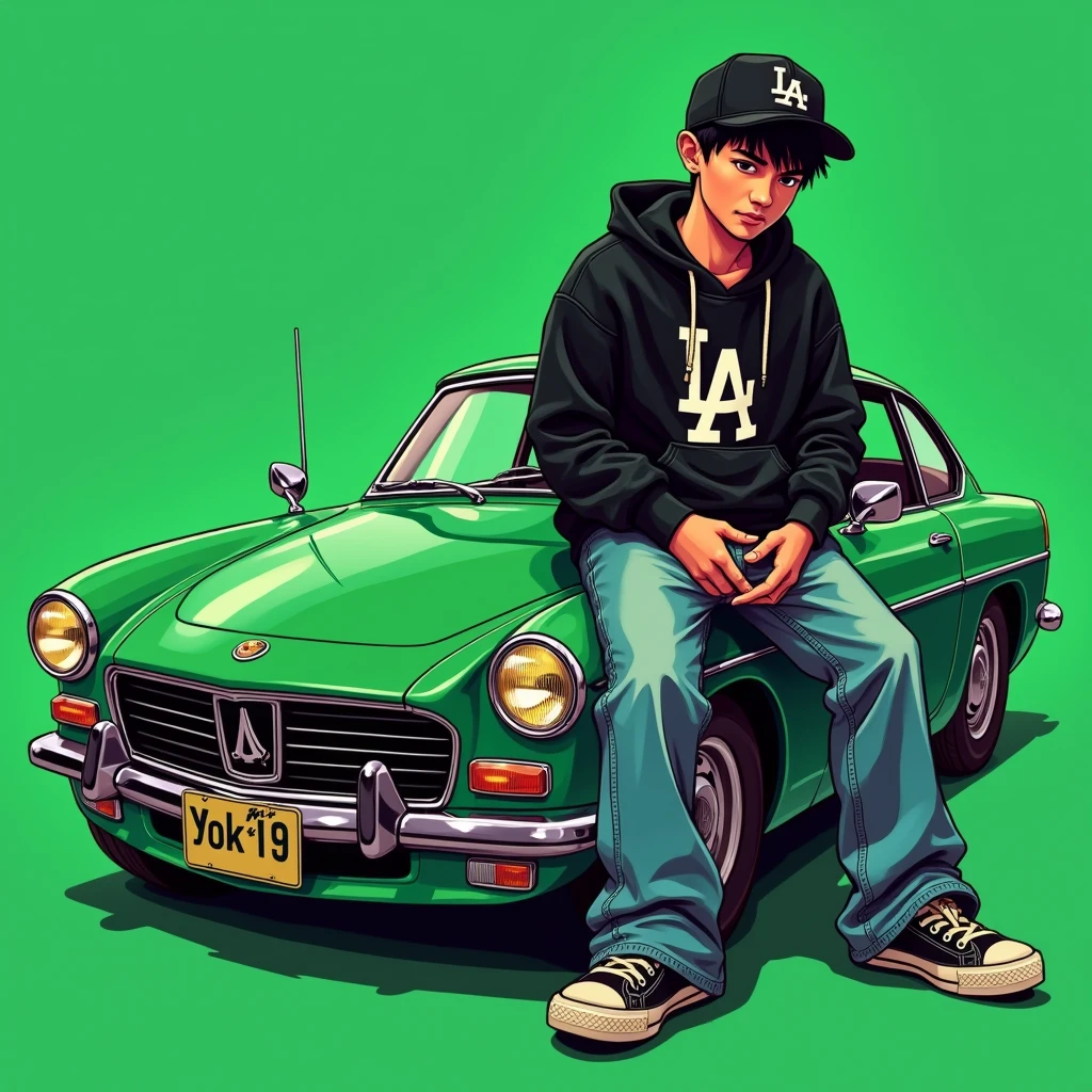 G-FUNK Hip Hop album cover, green background, green car, with the words If WONA behemes a gangster on the back of the picture, an Asian teenager wearing a black LA hoodie, a black LA ball cap with a deep press and a wide pair of jeans down, a troublemaker boy sits on the bonnet of a car and lets the car out to the side
