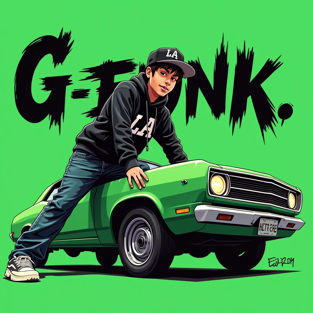 G-FUNK Hip Hop album cover, green background, green car, with the words If WONA behemes a gangster on the back of the picture, an Asian ager wearing a black LA hoodie, a black LA ball cap with a deep press and a wide pair of jeans down, a troublemaker boy sits on the bonnet of a car and lets the car out to the side