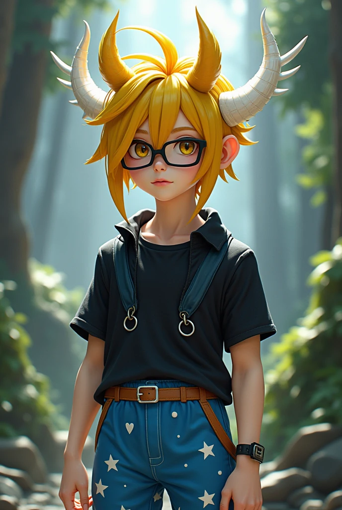 Male character with yellow hair and yellow horns with white on the horns and white skin and black shirt and blue shorts with white stars on the pants and black glasses 