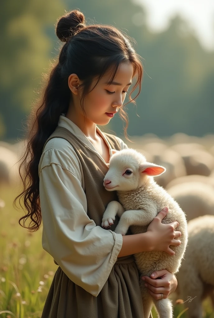 A young Asian shepherdess dressed simply, Long curly hair,Holding a little lamb in his hands, Symbolizes her connection with nature,Reality,photography。