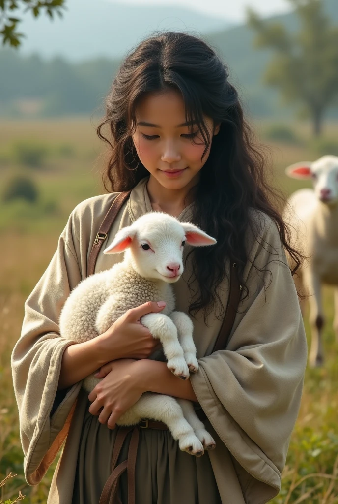A young Asian shepherdess dressed simply, Long curly hair,Holding a little lamb in his hands, Symbolizes her connection with nature,Reality,photography。