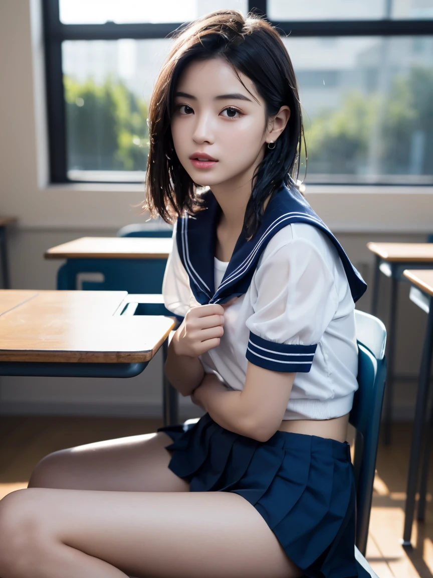 masterpiece:1.2, Very detailed, Ultra-high resolution, Realistic, photo Realistic:1.6, High-resolution RAW color photos, Professional photos, Sharp focus:1.2, Very detailed顔と肌の質感, Very beautiful eyes, Glossのある肌, Glowing Skin, Glowing Skin, Shining Face, Gloss, Oily skin, greasy face, Oily skin, greasy face,, real Glossのある肌 texture, Perfect Anatomy, Very detailed背景,(High school classroom at night),1 female,25-year-old woman, Japanese women,height: 168cm,short hair, Straight hair, bangs, Brown Hair,((Flat Chest:1.6)),Slender legs, ((See-through white short-sleeved sailor suit、Navy blue pleated mini skirt:1.5、Sexy T-panties under skirt:1.6)),(((A sailor uniform that was wet from the rain and very transparent:1.5))),Earrings,(Sit on a desk)