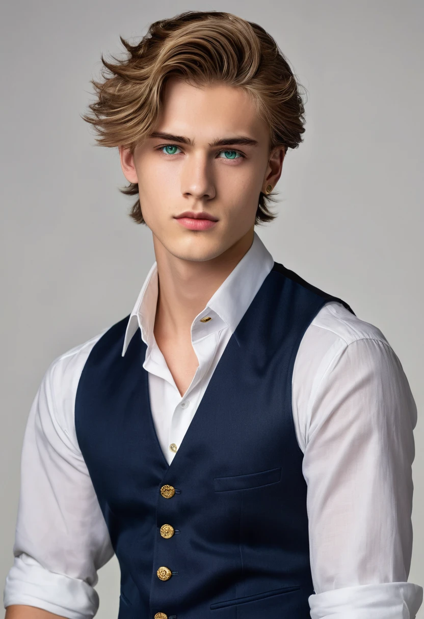 A handsome 20year old
boy with blurred medium hair, striking green eyes, and a strong jawline, wearing a dark blue vest with a white undershirt, dark blue dress pants with gold buttons, and dark blue shoes with gold laces, in a super realistic style