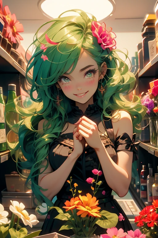 Perfect face. Perfect hands. A green haired woman with pink eyes with an hourglass figure in a floral dress is smiling while arranging flowers in a floral shop