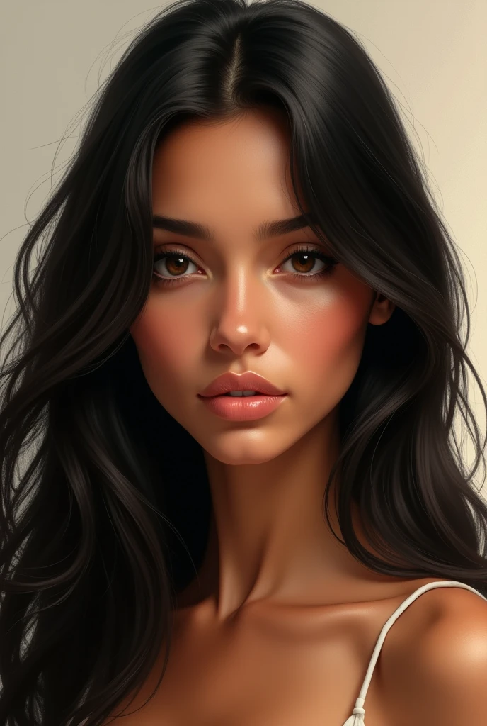 Generate an image of a beautiful woman with long hair, blackw, mouth average size and thickness, nose medium thickness, medium sized eyes, thin face. That it is a realistic image that has features of a Brazilian woman 