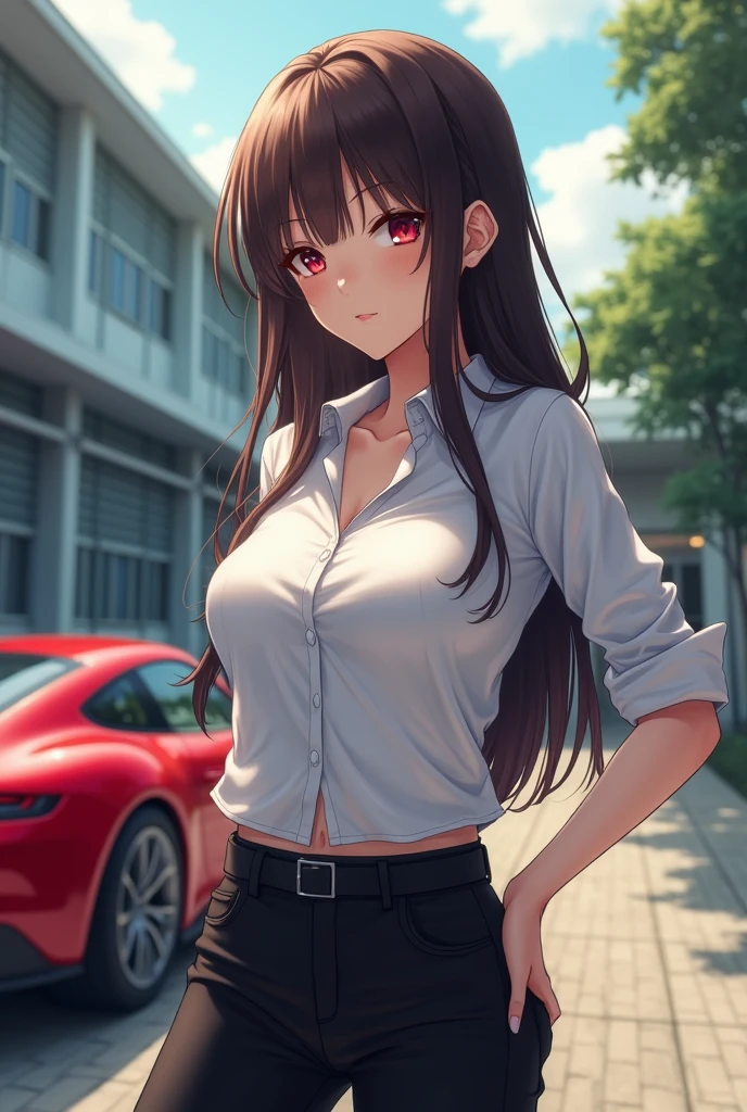 anime-girl, {{1 girl}}, Long hair, dark brown hair, Red eyes, white button-down shirt, Black pants, (Extremely detailed CG:1.4), Very detailed faces, School background, stay in the school yard, very sexy and curvy, red sports car