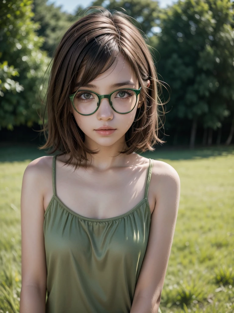 girl wearing glasses and no clothes blurred green grass and trees in the background, short brown hair, face detailed, high qualiy, high resolution
