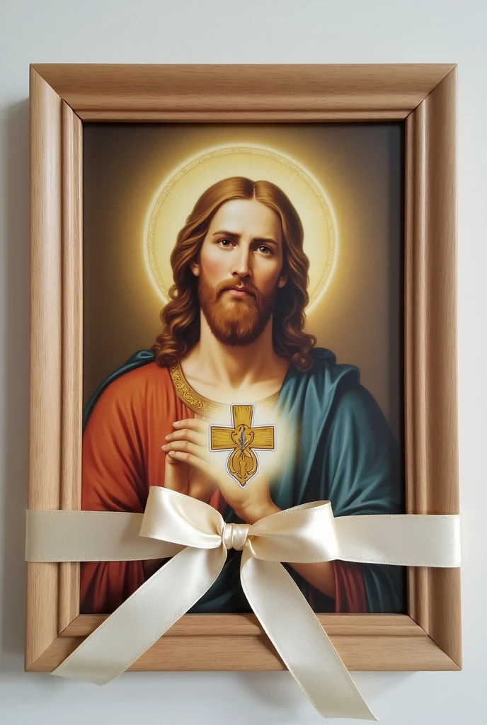 image of a light brown frame, with a design of Saint Jude Thaddeus with a tender design. The frame has to be wrapped with a paper ribbon which has a sticker in the center with a baptism theme.