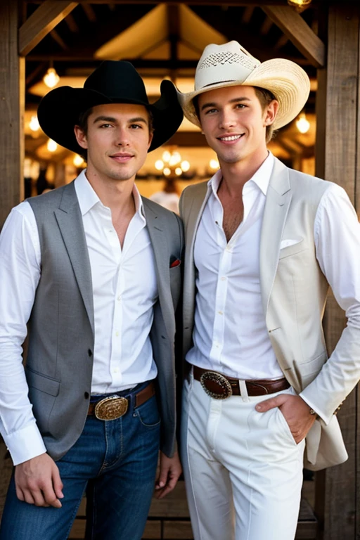 Young handsome cute beautiful skinny white face without cowboy shirt sitting next to a man dressed as a black millionaire cowboy