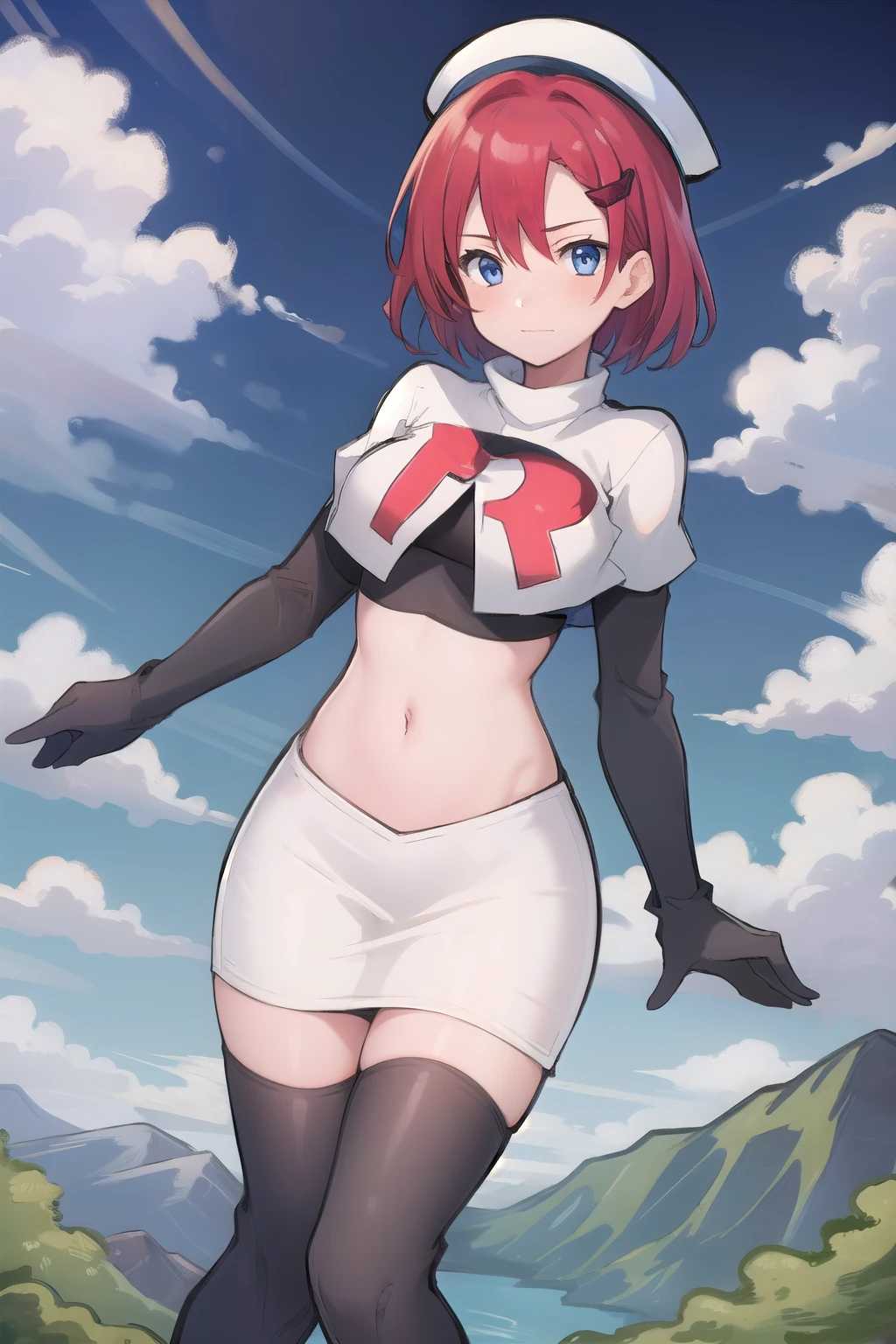 best quality, (masterpiece:1.2), illustration, absurdres, (1girl, solo, beautiful detailed girl),
Emily, short hair, red hair, hair ornament, hairclip, blue eyes, medium breasts,
garrison cap, team rocket,team rocket uniform,white skirt,red letter R,crop top,black thigh-highs,black elbow gloves,
field, sky, clouds, distant mountains,
looking at viewer, 