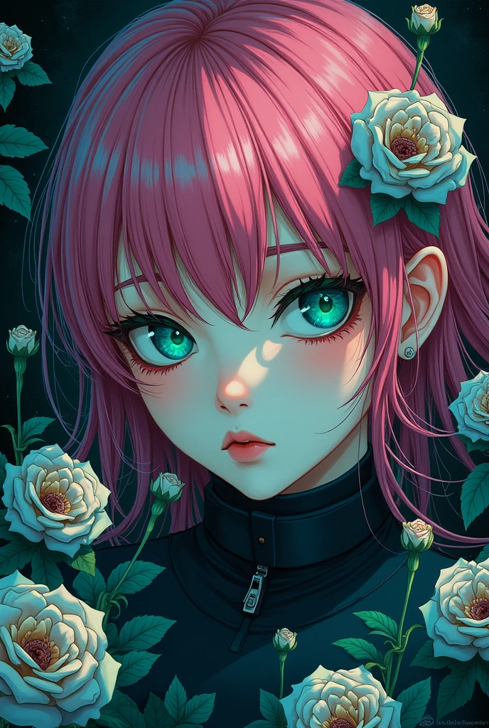(abstract art:1.2), fractal art, psychedelic art, (style of Yuko Shimizu:1.1), red theme, dark theme, 1girl, roses, hair ornament, somber expression, dark blue accent, masterpiece, best quality, ultra high res, award-winning art, highly detailed, beautiful, aesthetic, ((Mitsuri Kanroji)), pink hair, green highlights, ((green eyes)),