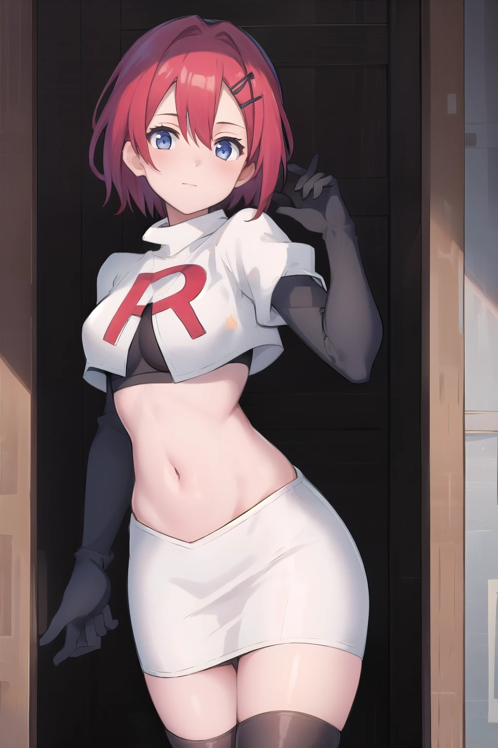 best quality, (masterpiece:1.2), illustration, absurdres, (1girl, solo, beautiful detailed girl),
Emily, short hair, red hair, hair ornament, hairclip, blue eyes, medium breasts,
garrison cap, team rocket,team rocket uniform,white skirt,red letter R,crop top,black thigh-highs,black elbow gloves,
field, sky, clouds, distant mountains,
looking at viewer, 