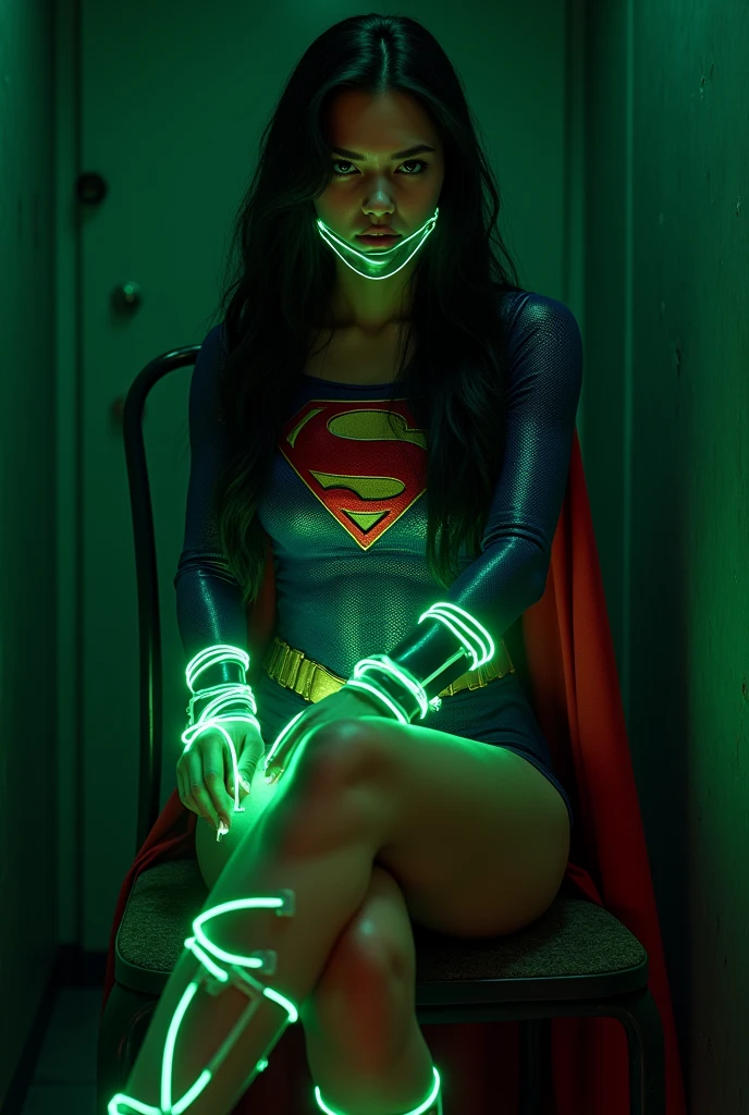 A PERIL BONDAGE SCENE WHERE A HOT SUPERGIRL WITH LONG BLACK HAIR WEARING HER ICONIC SUPERGIRL OUTFIT AND CAPE, HER HANDS, FEET AND WASTE TIED UP WITH GLOWING GREEN KRYPTONITE ROPE IN A METAL CHAIR, A BALL GAGG COVERS HER MOUTH, COMPLETELY HELPLESS IN A PITCH BLACK ROOM. INCREDIBLE DETAILS, HYPER DETAILED IN 8K RESOLUTION