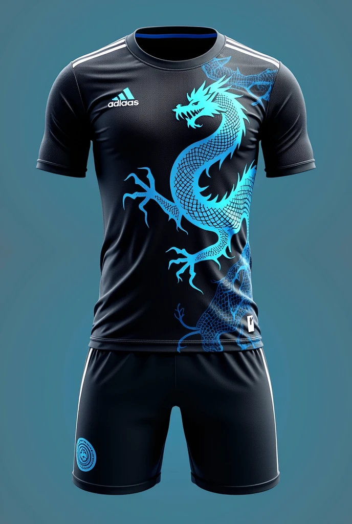 Give me an image of a black soccer jersey with a light blue dragon and with blue parts that are like the dragon&#39;s scales. The back of the jersey has to be the same, as well as the shorts and socks. 