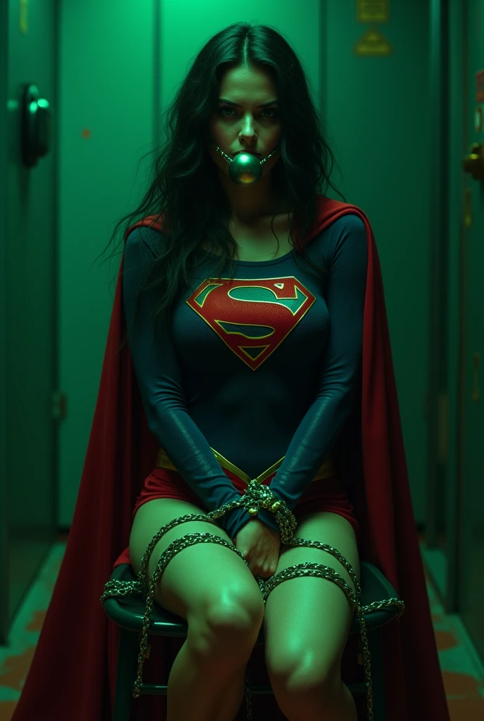 A PERIL BONDAGE SCENE WHERE A HOT SUPERGIRL WITH LONG BLACK HAIR WEARING HER ICONIC SUPERGIRL OUTFIT AND CAPE, HER HANDS, FEET AND WASTE TIED UP WITH GLOWING GREEN KRYPTONITE ROPE IN A METAL CHAIR, A BALL GAGG COVERS HER MOUTH, COMPLETELY HELPLESS IN A PITCH BLACK ROOM. INCREDIBLE DETAILS, HYPER DETAILED IN 8K RESOLUTION