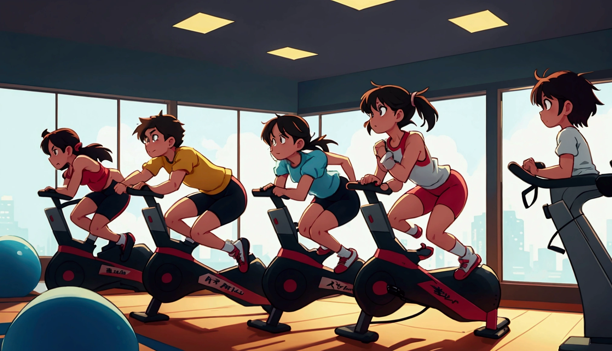 Cartoon Style,background a gym, hedonic treadmill, healthy, Plenty of light, Natural soft lighting,there are many people on exercise bikes in a 健身房,