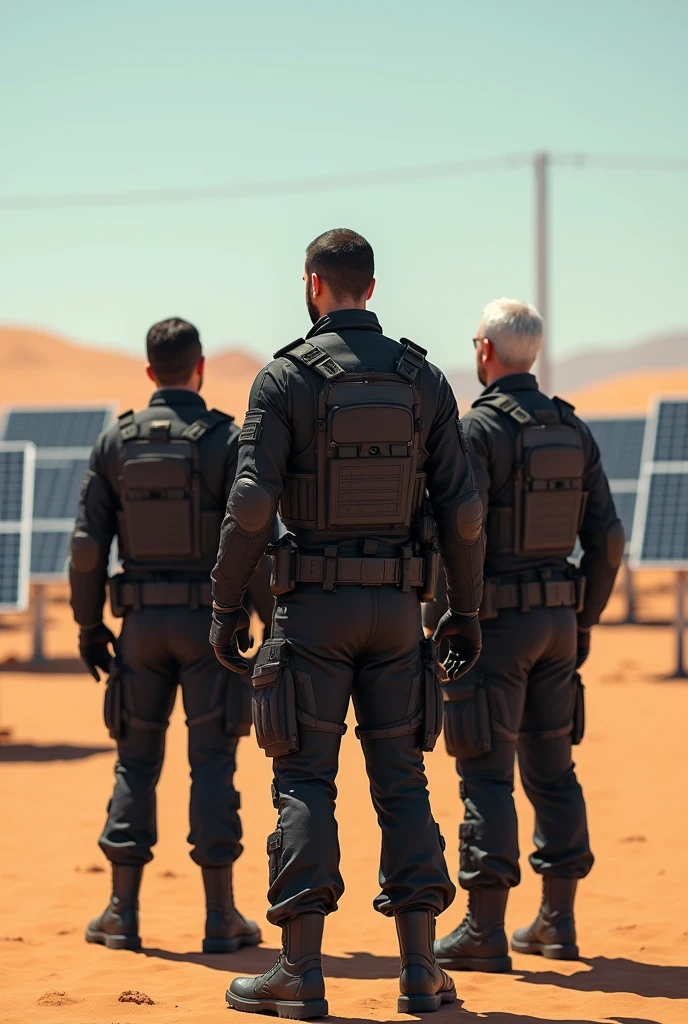 man 1.80 tall working in a desert as a security guard with black tactical clothing that comes out from behind with a rough texture so that his face is not visible, only his back, and in front of him there are solar panels. The same image but now with a partner a little taller than the first, adding a third but smaller and older one.