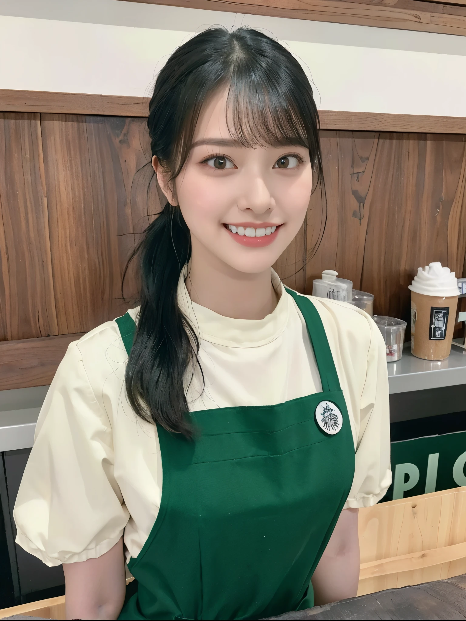 Very detailed、(8k、Highest quality、masterpiece:1.2)、(realism、Realistic:1.37)、Ultra-high resolution、Detailed face、(Highest quality)、(masterpiece)、 Super-Ultra-realistic、high quality、cafe、1girl、Starbucks、Starbucks Employee、brew coffee、wearing starbucks crew apron、green apron、((wearing tigh topwear、tight black knit))、skinny pants、age 23、Black Hair、low ponytail:1.2、Blunt bangs、swept bangs、double、(double teeth:1.5)、fair skin、squinched eyes、cold eyes、tsurime、smile、apple cheek、refreshing、Natural Makeup、Mole、looking back、slender:1.5、Height 150cm three size: 88.57.85