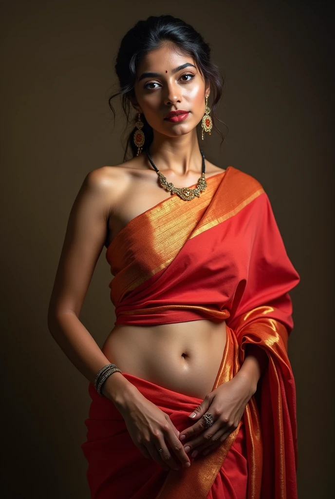 A bangladeshi women wearing saree without blouse and showing her navel