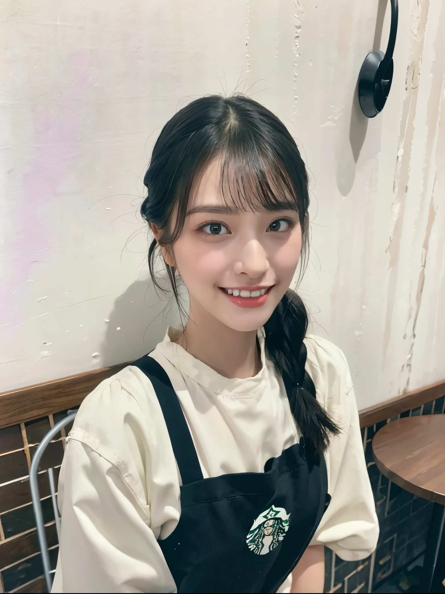 Very detailed、(8k、Highest quality、masterpiece:1.2)、(realism、Realistic:1.37)、Ultra-high resolution、Detailed face、(Highest quality)、(masterpiece)、 Super-Ultra-realistic、high quality、cafe、1girl、Starbucks、Starbucks Employee、brew coffee、wearing starbucks crew apron、green apron、((wearing tigh topwear、tight black knit))、skinny pants、age 23、Black Hair、low ponytail:1.2、Blunt bangs、swept bangs、double、(double teeth:1.5)、fair skin、squinched eyes、cold eyes、tsurime、smile、apple cheek、refreshing、Natural Makeup、Mole、looking back、slender:1.5、Height 150cm three size: 88.57.85