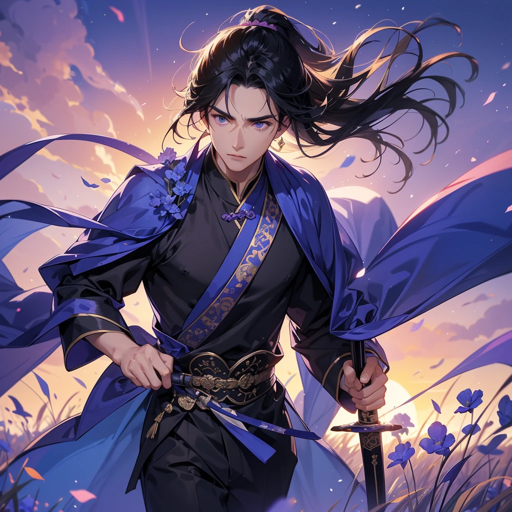 Handsome black-haired male holding a large sword in violet ancient Chinese costume, strolling among by the nemophila fields glowing blue, sunset, close up.