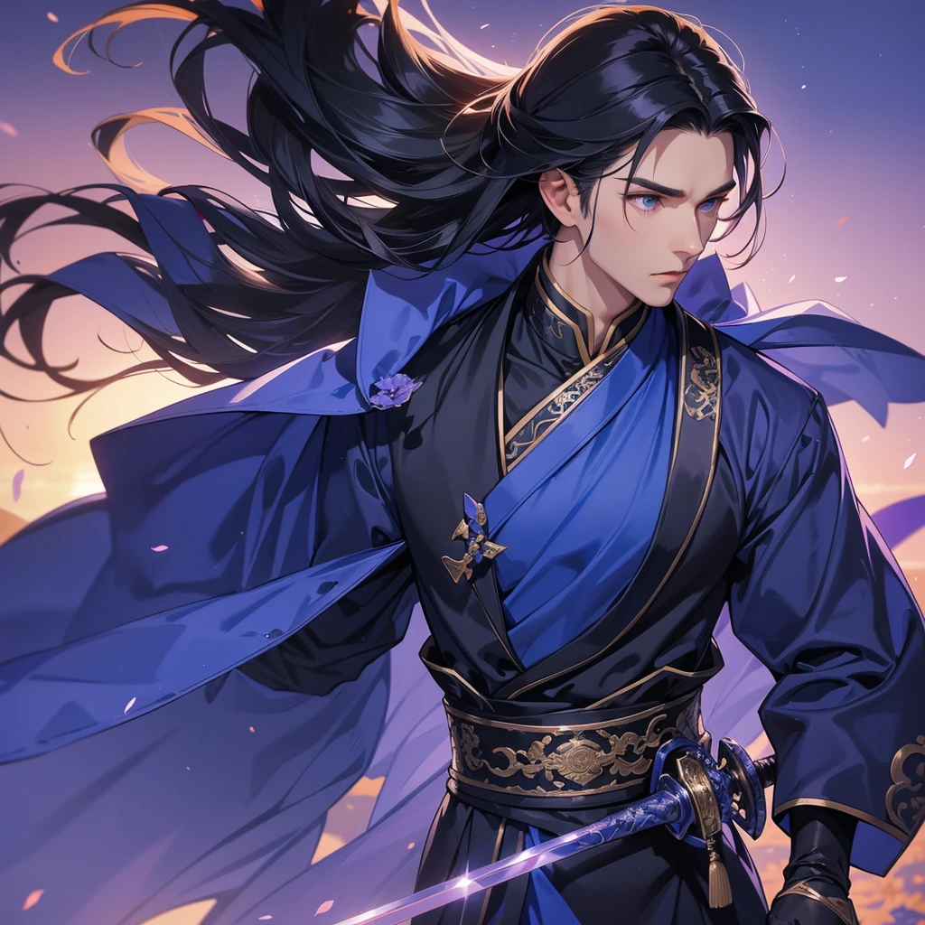Handsome black-haired male holding a large sword in violet ancient Chinese costume, strolling among by the nemophila fields glowing blue, sunset, close up.