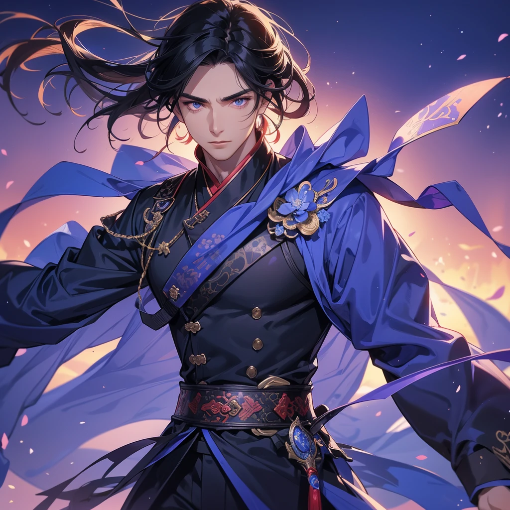Handsome black-haired male holding a large sword in violet ancient Chinese costume, strolling among by the nemophila fields glowing blue, sunset, close up.