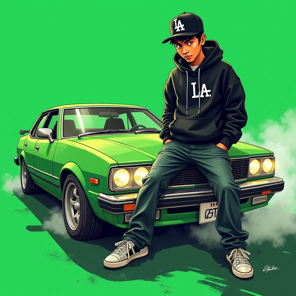 G-FUNK Hip Hop album cover, green background, green car, with the words If WONA behemes a gangster on the back of the picture, an Asian teenager wearing a black LA hoodie, a black LA ball cap with a deep press and a wide pair of jeans down, a troublemaker boy sits on the bonnet of a car and lets the car out to the side