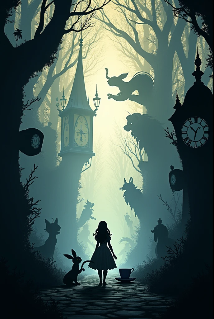Alice in Wonderland poster based on only shadows containing clocks, tea cups, rabbit, cat, bolt