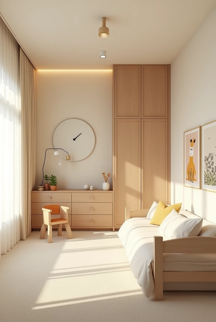 Professional 3d architecture rendering design of modern and   light moss and  so light Thunder and light cream and  light orange color wooden   Modern and minimal  design for chid  bedroom  and light  cream   carpet  with animals painting and white painting wall and light wooden closet with animals painting and modern ceiling lighting and modern curtains for chid room and the child global bed  and safety chair for chid 