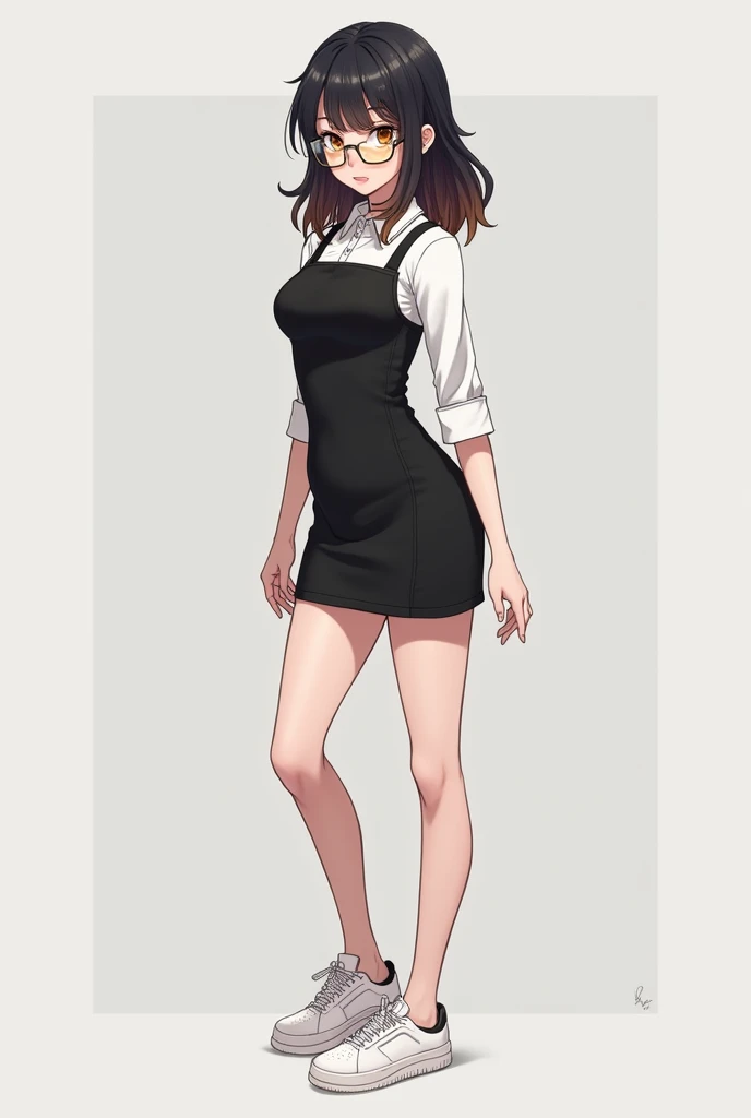 transparent colored big glasses, mini black bodycon vest dress and inside is a white 3/4 polo, standing like a model, shpulder level black hair with brown higkihjts at the end of the hair, thin pinkish lips, white sneakers and is pretty make her look like an anime character
