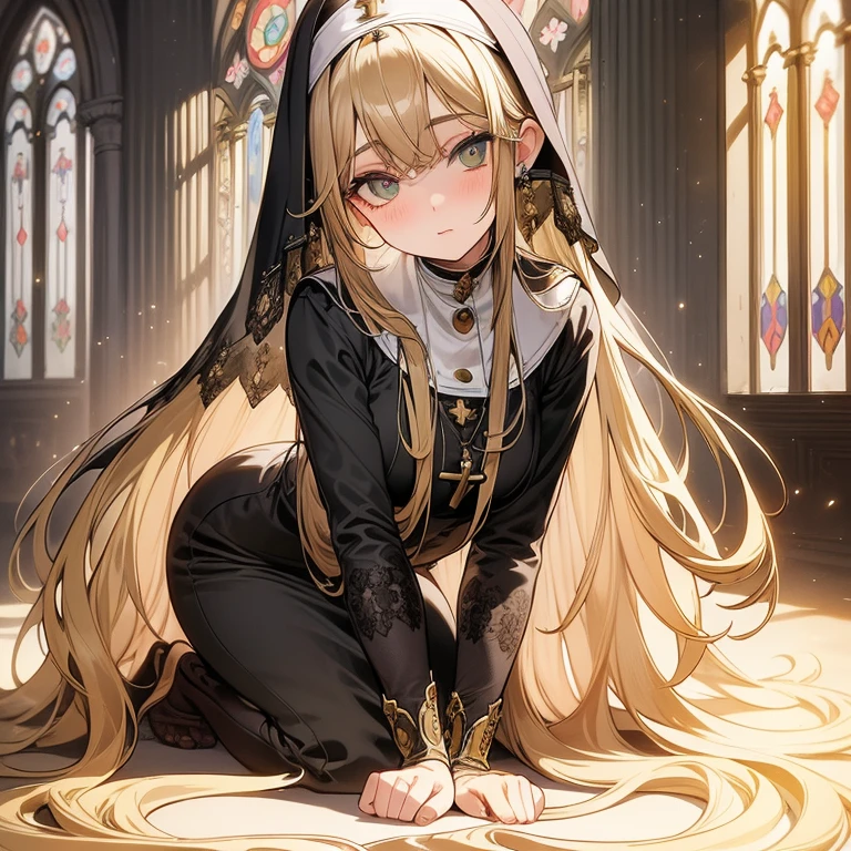 ultra-detailed, masterpiece, perfect anatomy, Precise, High Quality, best quality, high resolution, (illustrated:0.7), (realistic:1.3), (beautiful detailed eyes:1.8), 1 lady, 24 old, extra long hair,(bangs:1.2),weavy hair,(green hair:1.2), green eyes, (big eyes:1.6)medium breast, crossed (bangs:1.2) , hairs between eyes,(nun:1.2), looking at viewer, (side angle:1.4), (kneeling:1.4), (blush:1.2), ancient church, stained glass