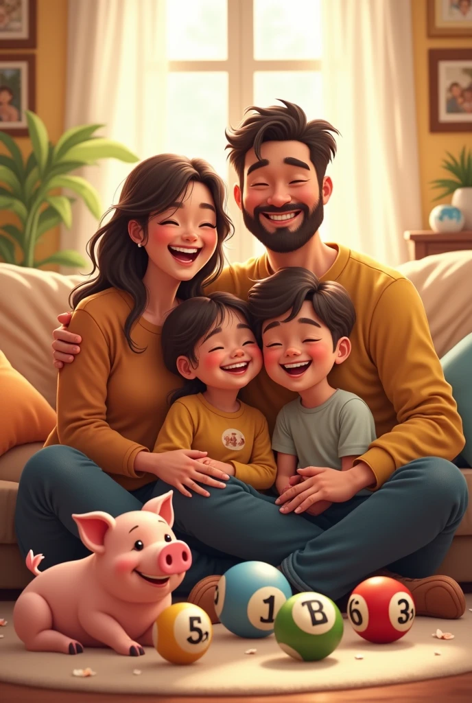Family of 4 , pig , 6 correct lotto balls , good luck , happiness , to show
