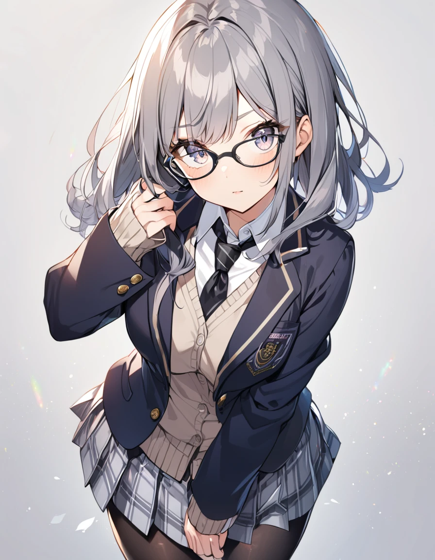 1 girl, glasses, school uniform, blazer, cardigan, sleeves past wrists, black necktie, gray skirt, black pantyhose, shoes, looking at viewers, cowboy shot