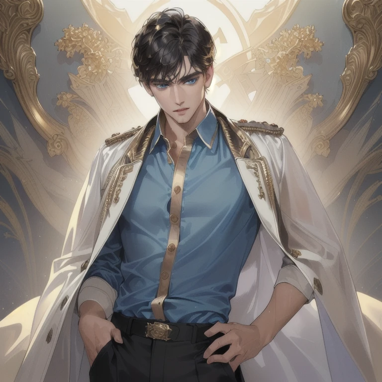 (best quality, masterpiece, 8 thousand, realistic, cinematic lighting, 1:4 HDR images, very detailed, beautiful photoature man, very handsome, ((cold expression)), black short hair, blue eyes, A perfect face without any mistakes, ((Buttoning loose clothes)), (detail gold accessories on clothes)