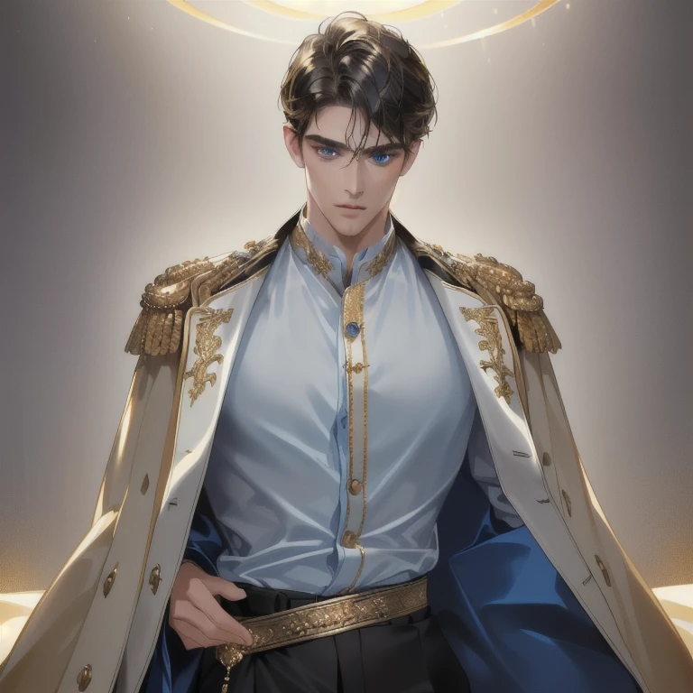 (best quality, masterpiece, 8 thousand, realistic, cinematic lighting, 1:4 HDR images, very detailed, beautiful photoature man, very handsome, ((cold expression)), black short hair, blue eyes, A perfect face without any mistakes, ((Buttoning loose clothes)), (detail gold accessories on clothes)