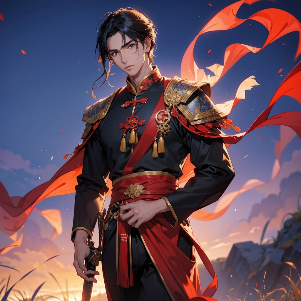 Handsome black-haired male holding a large sword in red ancient Chinese costume, strolling among by the nemophila fields glowing blue, sunset, close up.