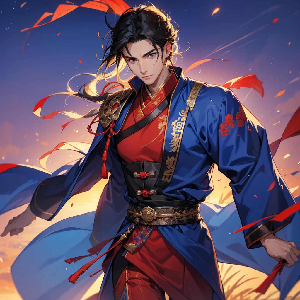 Handsome black-haired male holding a large sword in red ancient Chinese costume, strolling among by the nemophila fields glowing blue, sunset, close up.