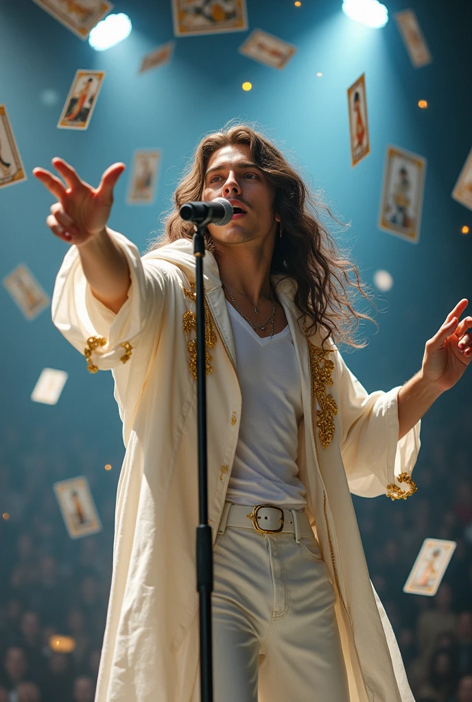 artwork best quality handsome american male teenager long brown hair light skin with white cape and hooded coat on head with gold details white long sleeve shirt and white pants underneath intricate details singing holding a microphone seen from afar pointing at the audience at a concert with details uhq details tarot cards flying around him 8k
