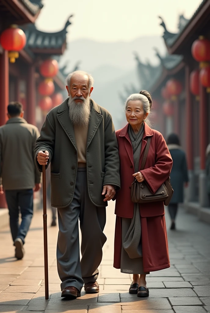 Old man, old woman, walk together, man hold stick, women hold man hand chinese people