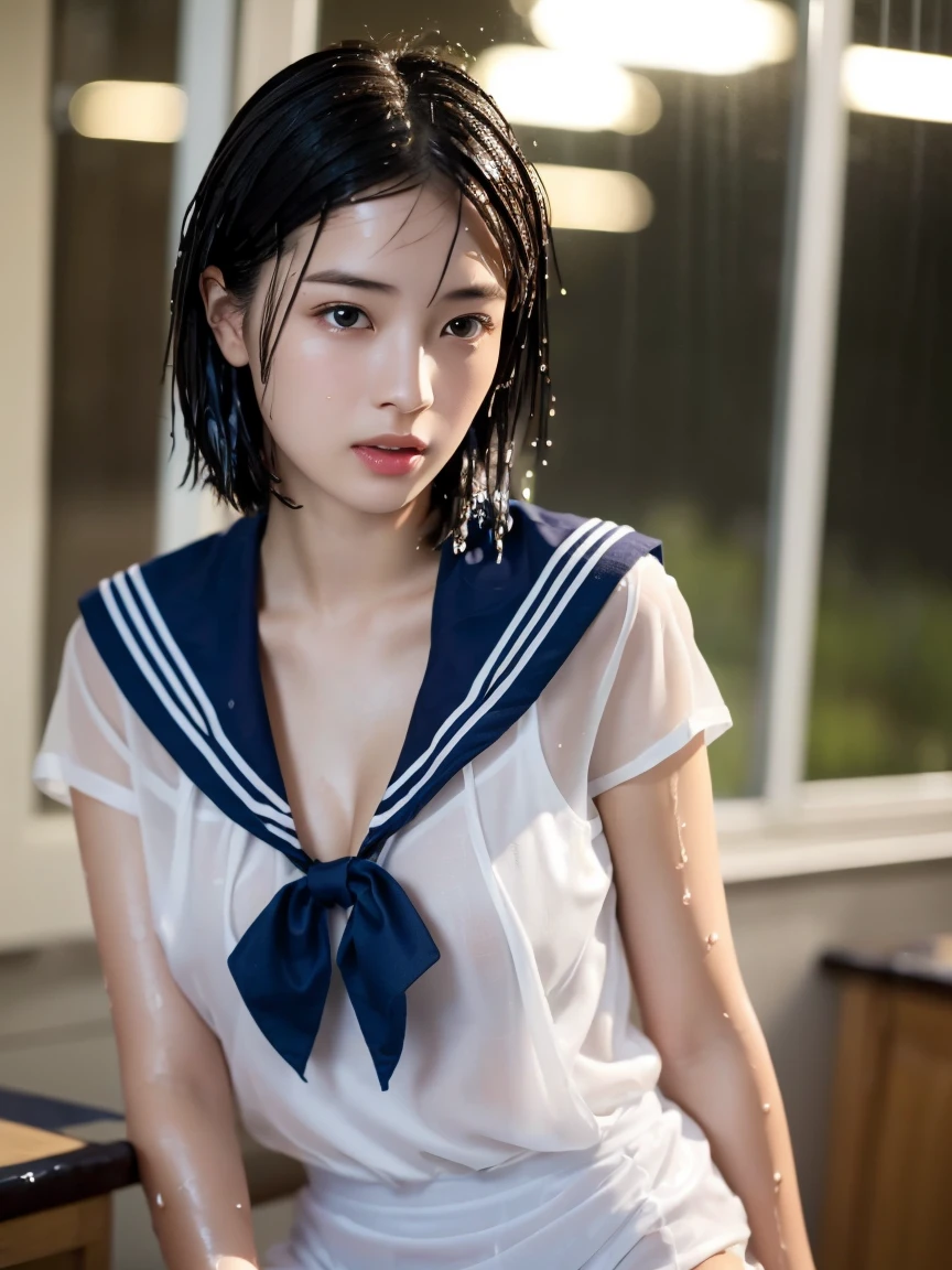 (masterpiece:1.2), Very detailed, Ultra-high resolution, (Realistic, photo Realistic:1.6), High-resolution RAW color photos, Professional photos, Sharp focus:1.2, (Very detailed顔と肌の質感, Very beautiful eyes, Glossのある肌, Glowing Skin, Glowing Skin, Shining Face, Gloss, Oily skin, greasy face, Oily skin, greasy face,), (real Glossのある肌 texture), Perfect Anatomy, Very detailed背景,(High school classroom at night),1 female,25-year-old woman, Japanese women,height: 168cm,short hair, Straight hair, bangs, Brown Hair,((Flat Chest:1.6,Cleavage:1.1)),Slender legs, ((((See-through white short-sleeved sailor suit)))),((Completely naked:1.6)),((Sailor suit wet and sheer from the rain:1.6))