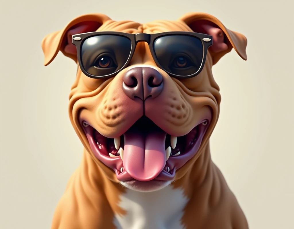 Lead colored American Bully dog wearing sunglasses and sticking out tongue