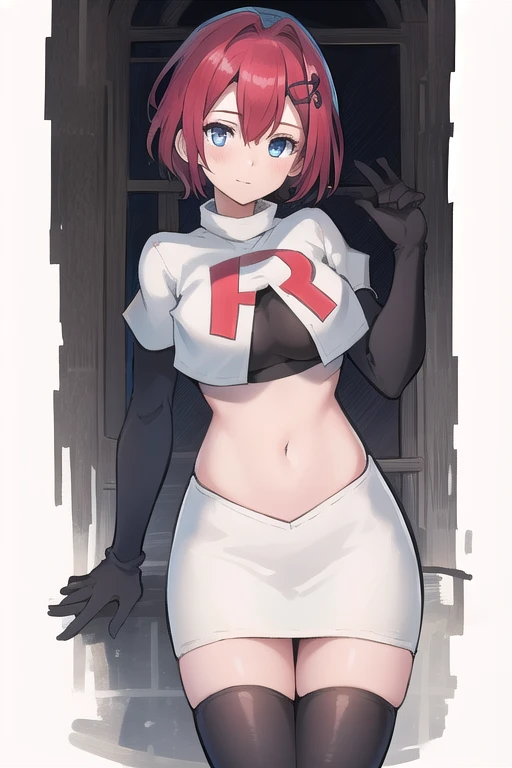 best quality, (masterpiece:1.2), illustration, absurdres, (1girl, solo, beautiful detailed girl),
Emily, short hair, red hair, hair ornament, hairclip, blue eyes, medium breasts,
garrison cap, team rocket,team rocket uniform,white skirt,red letter R,crop top,black thigh-highs,black elbow gloves,
field, sky, clouds, distant mountains,
looking at viewer, 