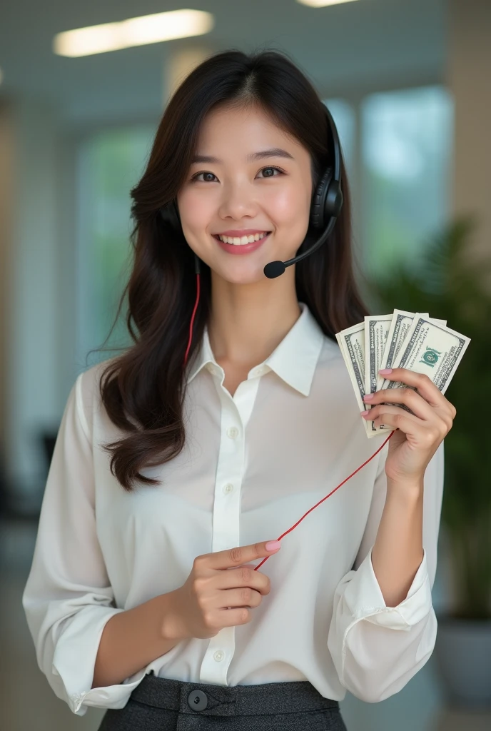 Create an 18-year-old Asian woman wearing a headset with a mic, advising a customer while holding money. She has a cute, smiling face. The image is full-body, slightly revealing, youthful, and realistic