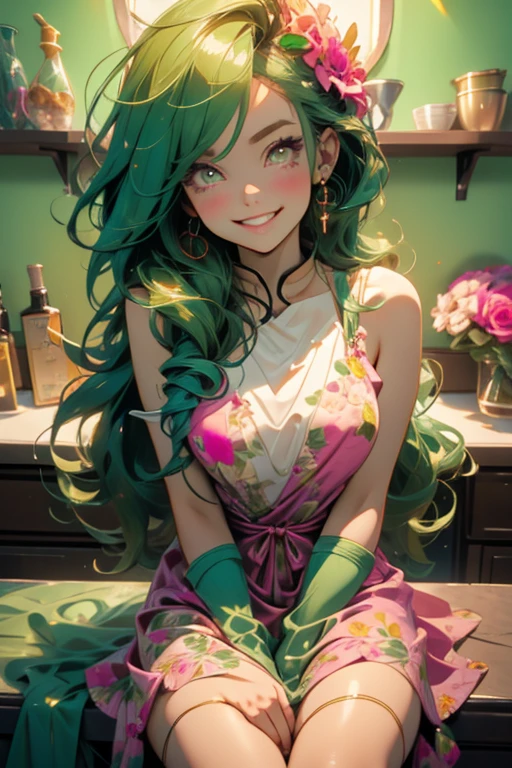 Perfect face. Perfect hands. A green haired woman with pink eyes with an hourglass figure in a floral dress is smiling while sitting at a counter in a floral shop