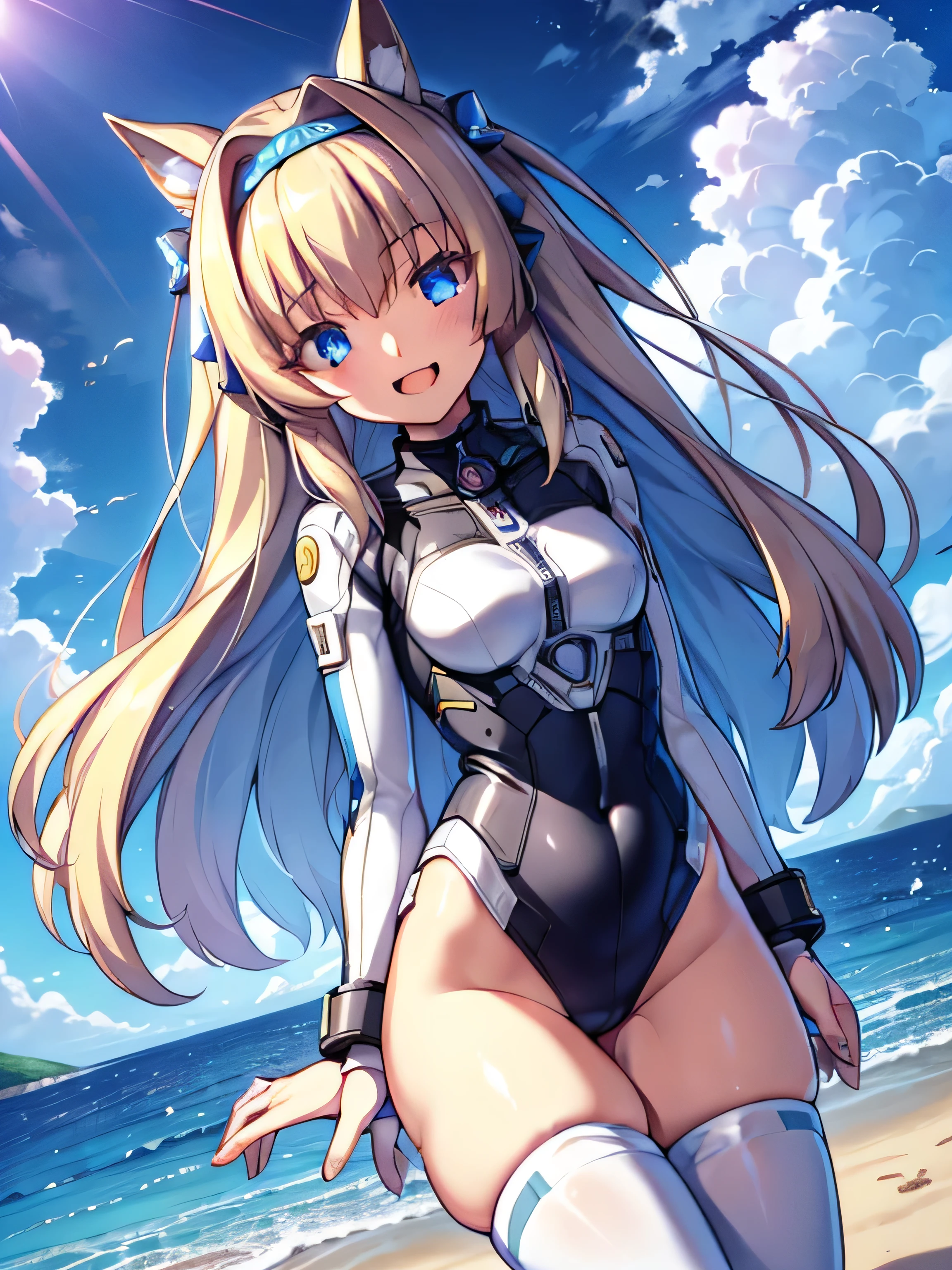 ((masterpiece))、Highest quality、(Whole boisy wiise angle)、Neo Universe(umamusume)、1 girl, Neo Universe(umamusume)、alone, chest, Looking at the audience, blush, smile, Long Hair, bangs, large chest, blonise Long Hair, Long sleeve, blue eyes, heaisphone,beret,:is, boisy suit, bSpace, white boisy suit, blue sky,Ocean,summer,Winis:1.3,, Damage to the spacesuit