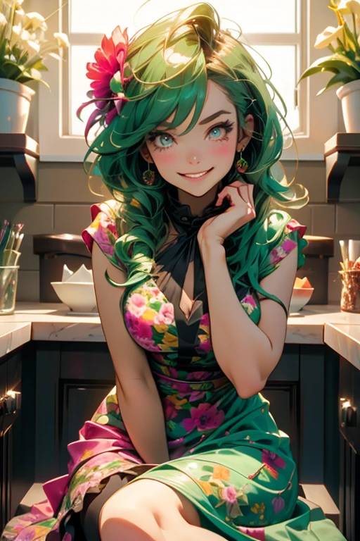 Perfect face. Perfect hands. A green haired woman with pink eyes with an hourglass figure in a floral dress is smiling while sitting at a counter in a floral shop